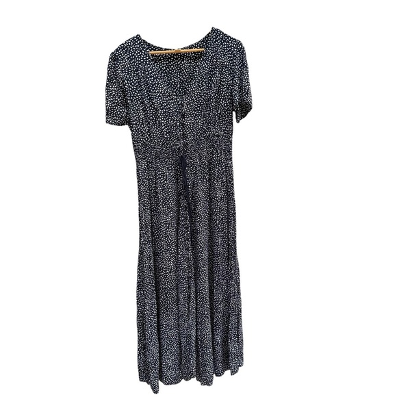 Navy Blue Womens Polka Dot Dress maxi button front XL stretch smocked waist - Picture 3 of 11